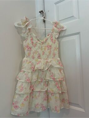 LoveShackFancy Girls Floral Ruffle Tiered Dress - Pink & Cream